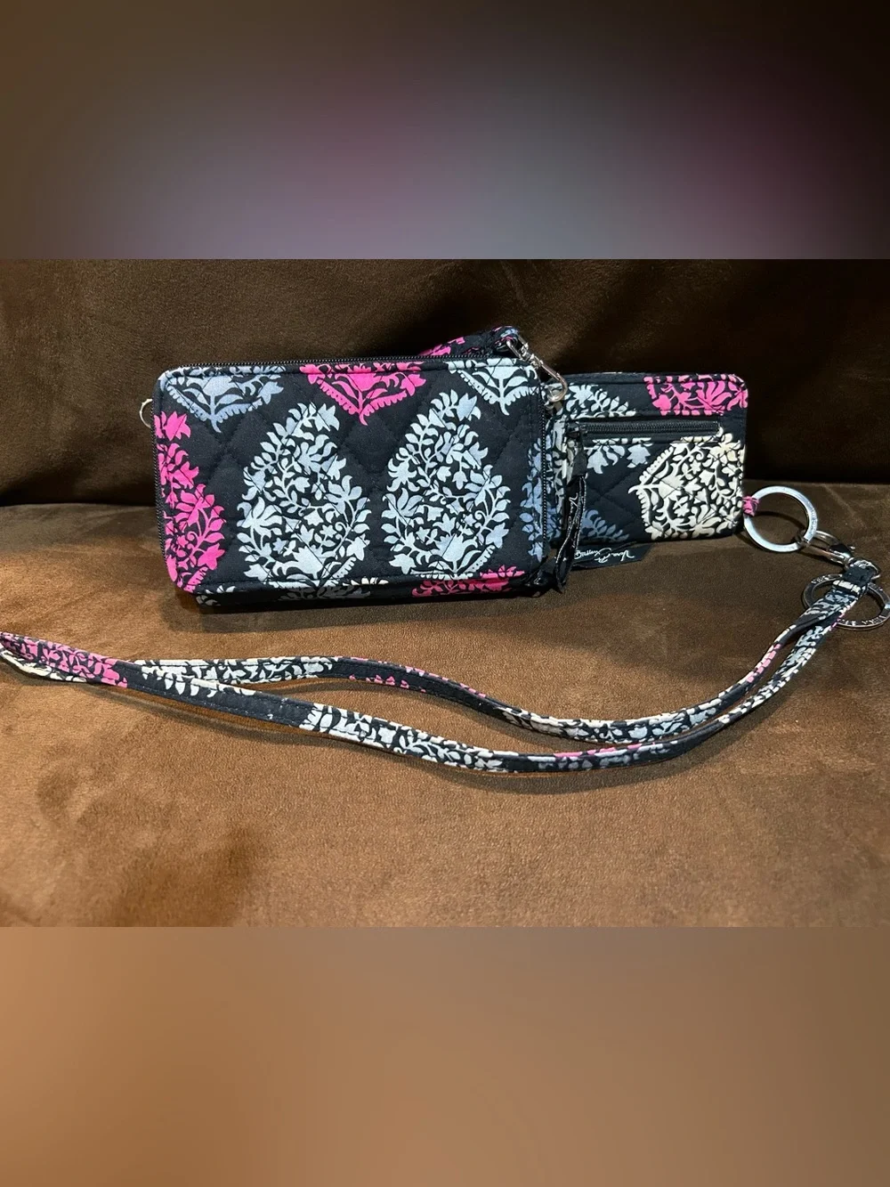Floral Quilted Wristlet and matching Wallet in Black with Pink & Blue - NEW - Picture 12 of 12